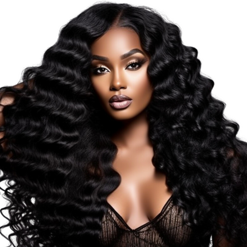 A woman showcasing loose deep wave hair bundles with voluminous curls.