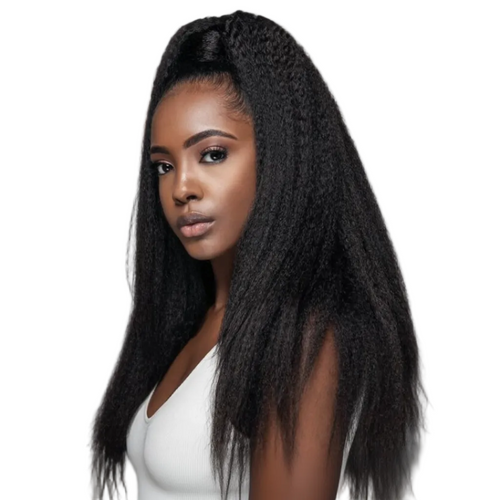 A woman with kinky straight hair wearing a white top.