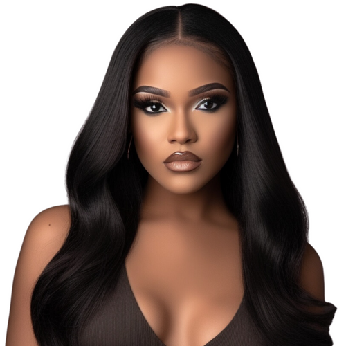 A woman with long, straight with Brazilian Bodywave Hair Bundles wearing a brown top.