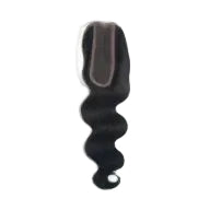 Black hair bundle with a lace closure on a white background